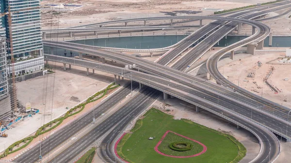 Top View City Traffic Crossroad Business Bay Timelapse Aerial Top — Stock Photo, Image