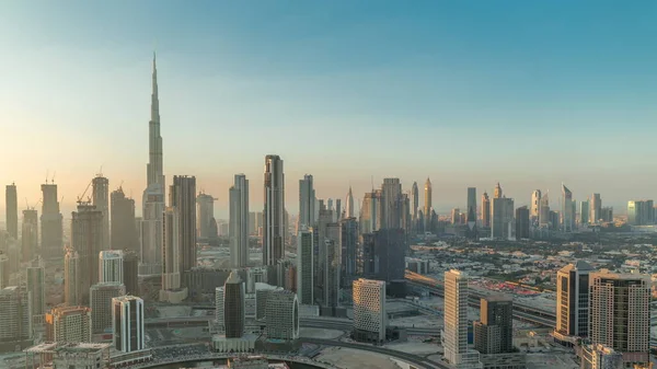 Panoramiczna Panorama Dubaju Zatoką Biznesową Centrum Dzielnicy Timelapse Wieczorem Przed — Zdjęcie stockowe