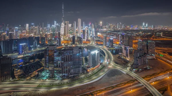Panorámás Kilátást Dubai Üzleti Öbölben Belvárosban Kerület Éjszakai Időbeosztás Felülről — Stock Fotó