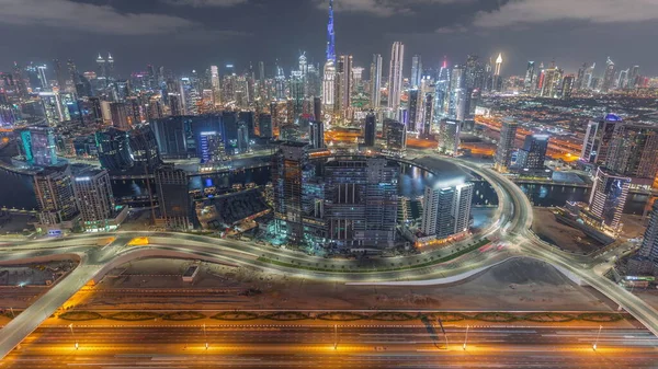 Dubai Nin Panoramik Silueti Sahası Şehir Merkezi Gece Zaman Çizelgesi — Stok fotoğraf