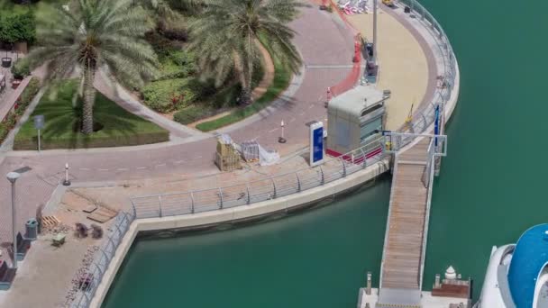 Waterfront promenade met palmen in Dubai Marina luchtfoto timelapse. — Stockvideo