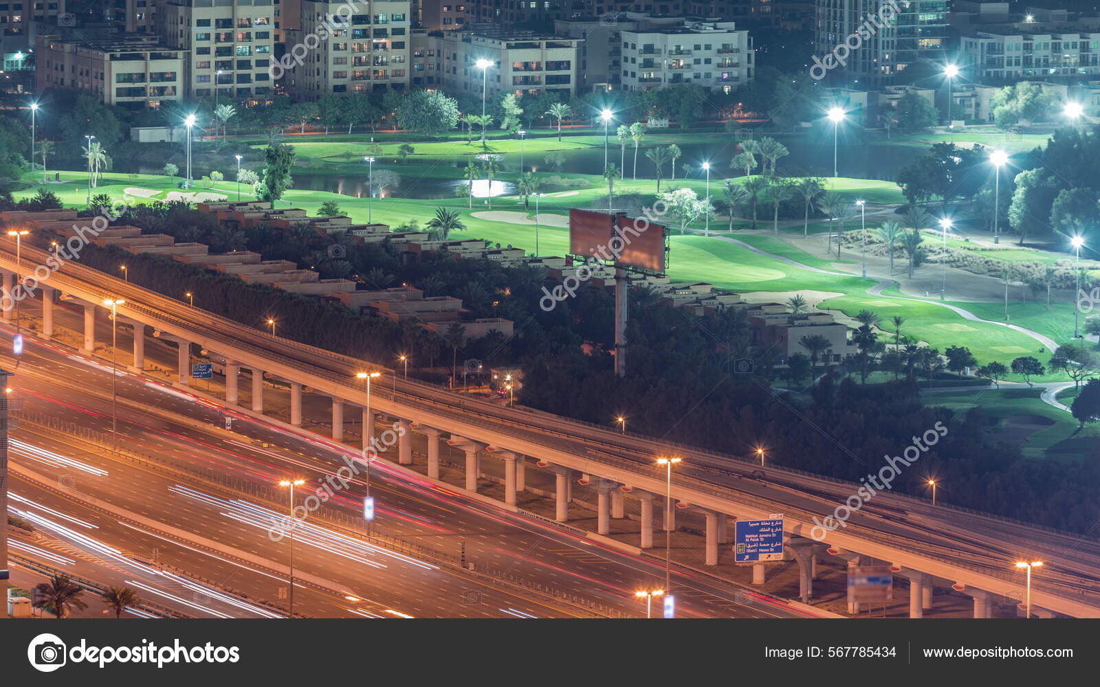 Aerial View Illuminated Golf Course Green Lawn Lakes Villa Houses