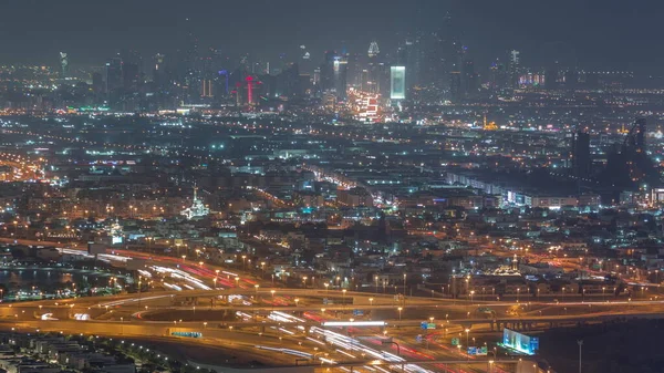 Top View Városi Forgalom Egy Kereszteződésben Business Bay Éjszakai Időeltolódás — Stock Fotó