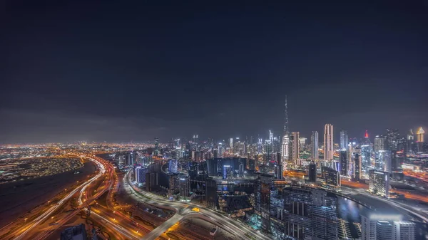 Skyline Panorámico Dubai Con Canal Bahía Negocios Timelapse Noche Distrito — Foto de Stock