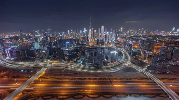 Panoramic Skyline Dubai Business Bay Downtown District Night Timelapse Aerial — Stock Photo, Image