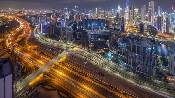 Panorama Dubai Nin Ufuk Çizgisini Sahası Şehir Merkezi Zaman Çizelgesiyle — Stok fotoğraf