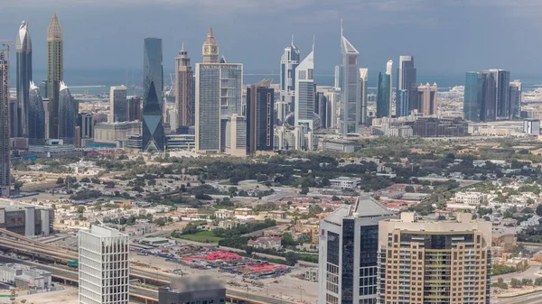 Righe Grattacieli Nel Distretto Finanziario Dubai Timelapse Aerea Vista Panoramica — Foto Stock