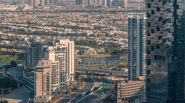 Jlt Wolkenkrabbers Met Kruising Sheikh Zayed Road Luchtfoto Timelapse Woningbouw — Stockfoto