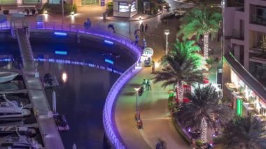 Dubai Marina hava sahasında palmiyelerle rıhtım gezintisi..