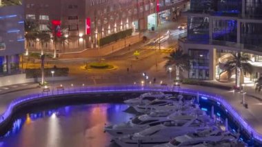 Dubai Marina hava sahasında palmiyelerle rıhtım gezintisi..