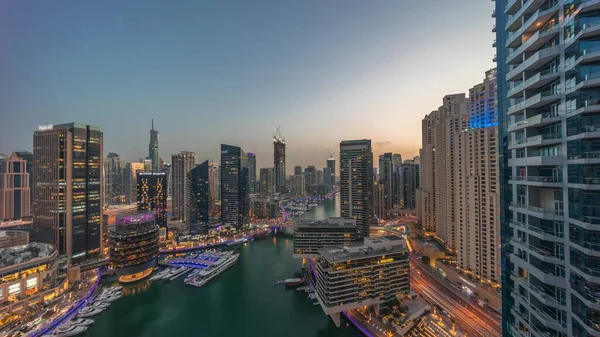 Aerial Panoramic View Dubai Marina Skyscrapers Canal Floating Boats Day — Stock Photo, Image