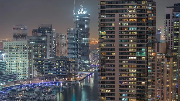 Aerial View Dubai Marina Illuminated Skyscrapers Glowing Windows Canal Floating — Stock Photo, Image
