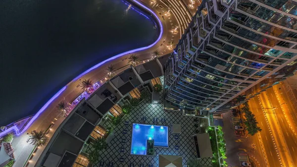 Dubai Marina Iluminado Calçadão Beira Mar Longo Canal Com Piscina — Fotografia de Stock