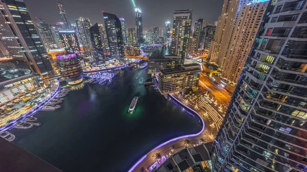 Αεροφωτογραφία Κάτω Πανοραμική Θέα Στη Μαρίνα Του Ντουμπάι Φωτισμένους Ουρανοξύστες — Φωτογραφία Αρχείου