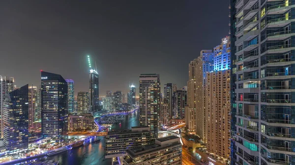Vista Aerea Porto Turistico Dubai Grattacieli Illuminati Intorno Canale Con — Foto Stock