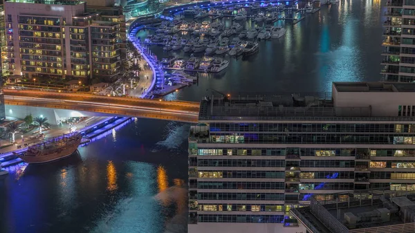 Aerial View Dubai Marina Illuminated Skyscrapers Canal Traffic Bridge Floating — Stock Photo, Image