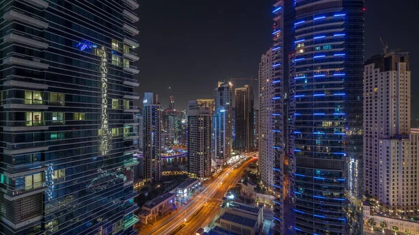 Panorámás Légi Kilátás Nyílik Dubai Marina Jbr Terület Forgalom Úton — Stock Fotó