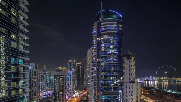 Vista Panorâmica Área Dubai Marina Jbr Famosa Cronologia Noite Roda — Fotografia de Stock