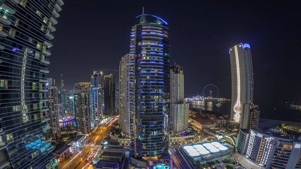 Panorama Dubai Marina Obszaru Jbr Słynnego Ferris Wheel Antenowej Nocy — Zdjęcie stockowe