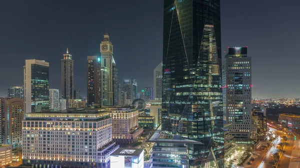 Dubai International Financial District Noite Timelapse Vista Aérea Torres Escritórios — Fotografia de Stock