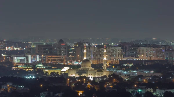 Flygfoto Över Moskén Och Grannskapet Deira Bakgrundsnatt Timelapse Dubai Bäck — Stockfoto