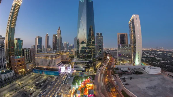 Panorama Dubai International Financial District Day Night Transition Timelapse Aerial — Stock Photo, Image