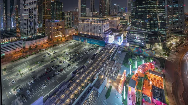 Gran Estacionamiento Dubai International Financial Distrito Noche Timelapse Vista Aérea —  Fotos de Stock