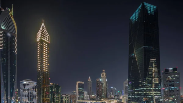 Dubai International Financial District Noite Timelapse Vista Aérea Panorâmica Das — Fotografia de Stock