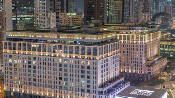 Hoteles Edificios Oficinas Distrito Financiero Dubai Timelapse Noche Aérea Ventanas —  Fotos de Stock