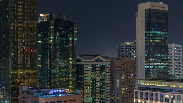 Dubai International Financial District Noite Timelapse Vista Aérea Perto Das — Fotografia de Stock