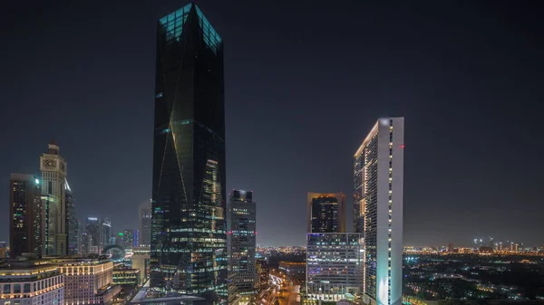 Dubai International Financial District Noc Timelapse Panoramiczny Widok Lotu Ptaka — Zdjęcie stockowe