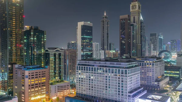 Dubai International Financial District Durante Toda Noite Timelapse Vista Aérea — Fotografia de Stock