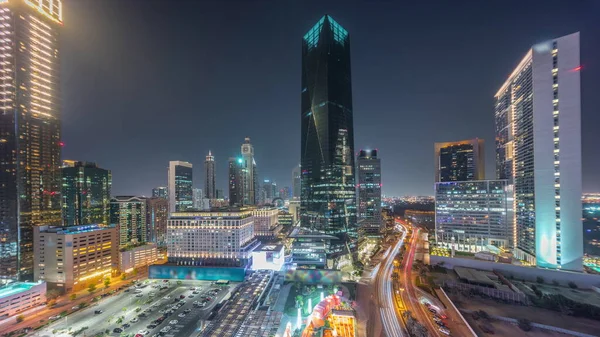 Dubai International Financial District Noite Timelapse Vista Aérea Panorâmica Torres — Fotografia de Stock