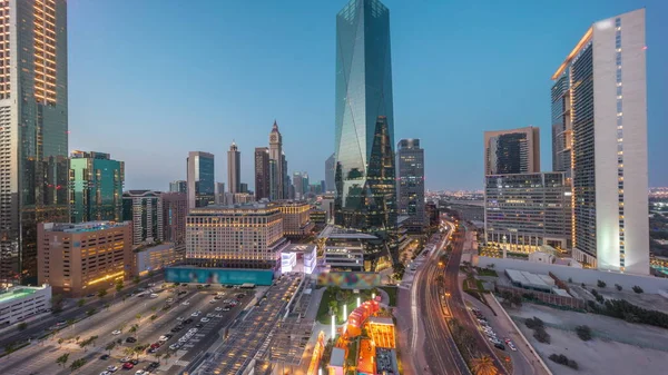 Dubai International Distrito Financiero Día Noche Timelapse Transición Vista Aérea — Foto de Stock