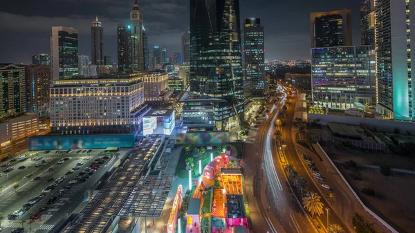 Panorama Visar Dubai International Financial District Natten Timelapse Flygfoto Över — Stockfoto