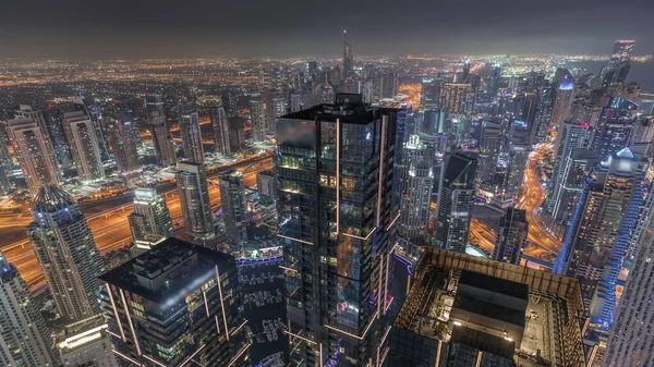 Dubai Marina Jlt Kerületben Forgalom Autópályán Között Felhőkarcolók Légi Éjszakai — Stock Fotó