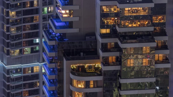 Light Windows Modern Towers Exterior Apartment Building Night Glowing Windows — Stock Photo, Image