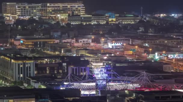 City Walk distrito noche timelapse desde arriba, nueva zona urbana en el centro de Dubai. — Vídeos de Stock