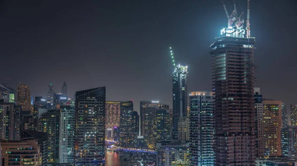 Dubai Marina Several Boat Yachts Parked Harbor Illuminated Skyscrapers Canal — Stock Photo, Image