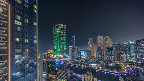 Dubai Marina Skyskrapor Och Jbr Distrikt Panorama Med Lyxiga Byggnader — Stockfoto
