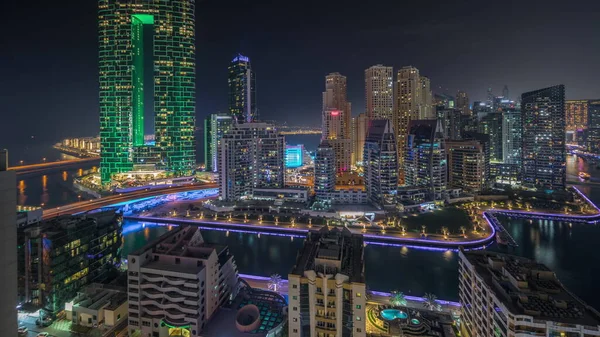 Panorama Met Dubai Marina Wolkenkrabbers Jbr Wijk Met Luxe Gebouwen — Stockfoto