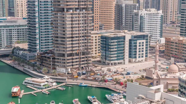 Nombreux Yachts Bateaux Sont Stationnés Dans Timelapse Aérien Port Dubai — Photo