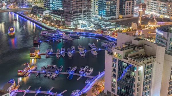 Sok Jacht Hajó Parkol Kikötő Légi Éjszakai Időintervallumában Dubai Marina — Stock Fotó