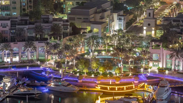 Picturesque Fountain Dubai Marina Promenade Aerial Night Timelapse Palm Yachts — Stock Photo, Image