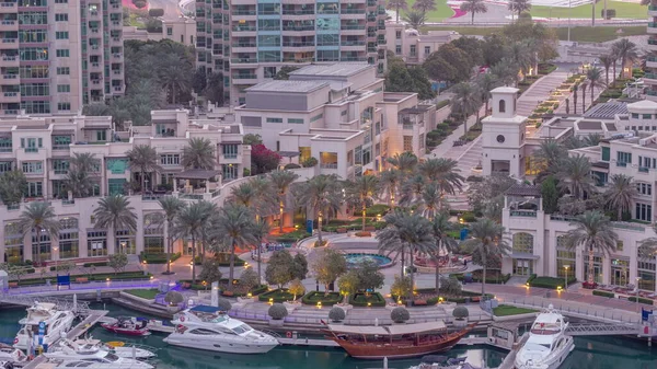 Festői Szökőkút Dubai Marina Sétány Légi Éjjel Nappal Átmenet Időintervallum — Stock Fotó