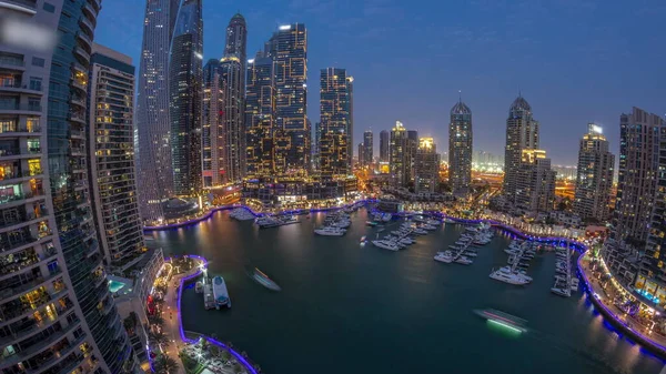 Dubai Marina Tallest Skyscrapers Panorama Yachts Harbor Aerial Day Night — Stock Photo, Image