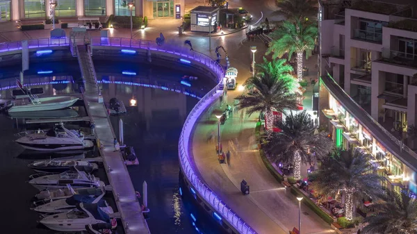 Waterfront Promenade Palms Dubai Marina Aerial Night Timelapse Yachts Boats — Stockfoto