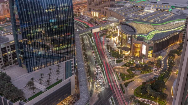 Aerial Panorama Downtown Dubai Shopping Mall Traffic Street Day Night — Fotografia de Stock