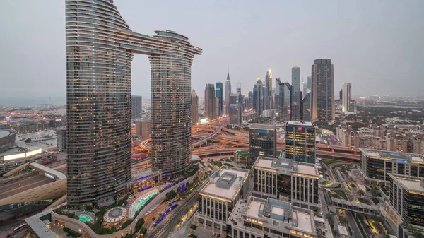 Futuristic Dubai Downtown Finansial District Skyline Дня Ніч Перехід Timelapse — стокове фото