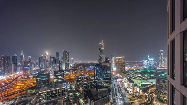 Futuristisch Dubai Downtown Financiële Wijk Skyline Luchtfoto Nachtelijke Timelapse Panorama — Stockfoto